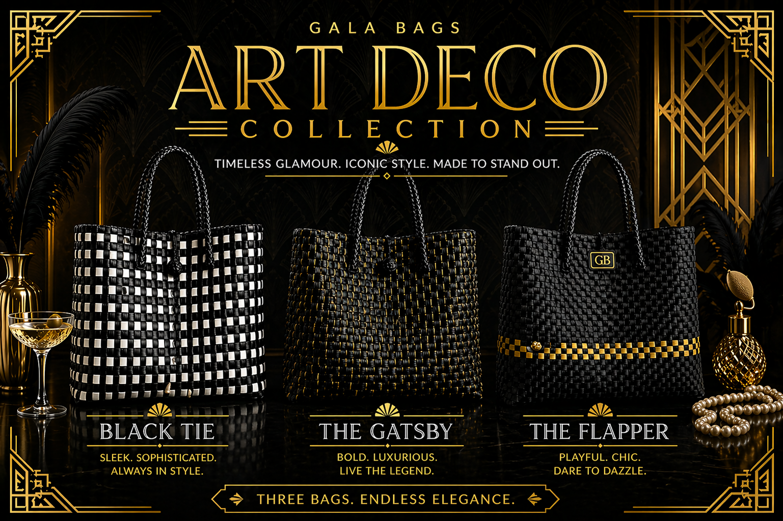 Gala Bags Art Deco Collection with three black handbags on a dark background.