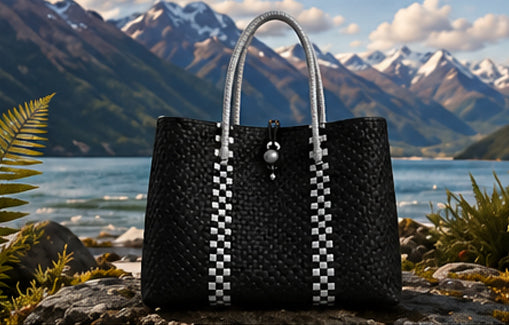 Silver Fern Gala Bag – A bold black design accented with clean, contrasting lines, inspired by the strength and resilience of nature. Rooted, refined, and quietly powerful.